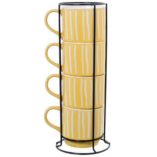 SET 4 MUGS CERÁMICA AMARILLO R C/SOPORTE METAL NEGRO