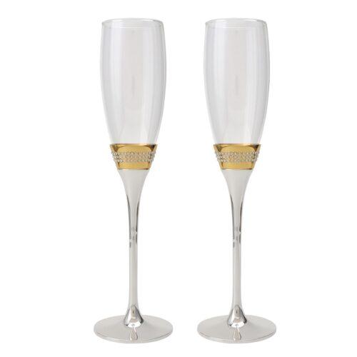 SET 2 COPAS CAVA C/PIE METAL PLATEADO Y CRISTALES