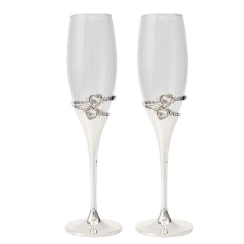 SET 2 COPAS CAVA C/PIE METAL PLATEADO CORAZÓN
