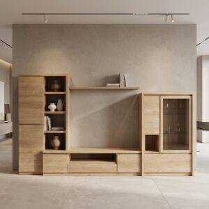 Mueble de Salón Modular en Madera Natural con Vitrina Outlet