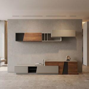 Mueble de Salón de Diseño Vanguardista Nogal y Beige Outlet