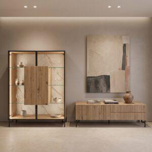 Conjunto de Vitrina y Mueble TV en Madera de Roble y Cristal Outlet