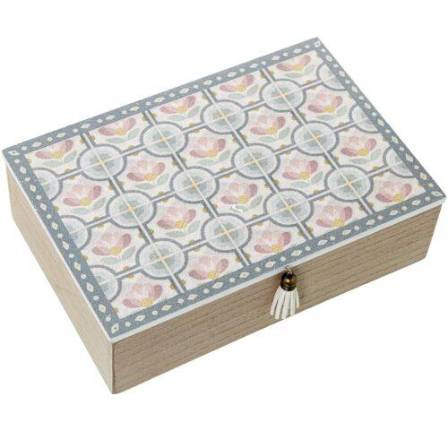 CAJA MADERA DECORADA AZULEJOSES BLANCAS