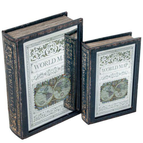 SET 2 CAJAS LIBRO MADERA DM C/ESPEJO, INTERIOR TERCIOPELO