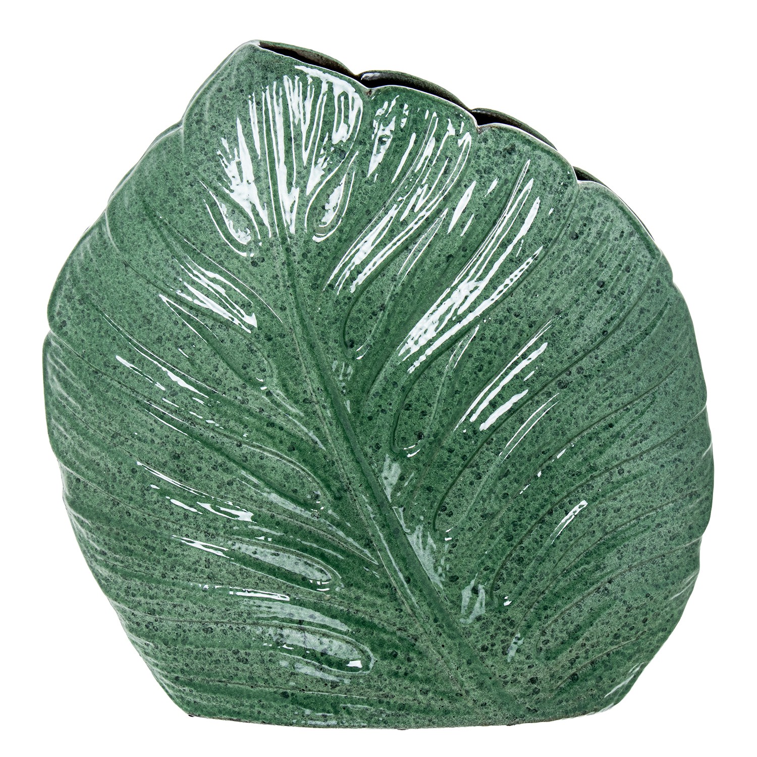 JARRÓN CERAMICA PLANO 38CM HOJAS VERDE JASPEADO