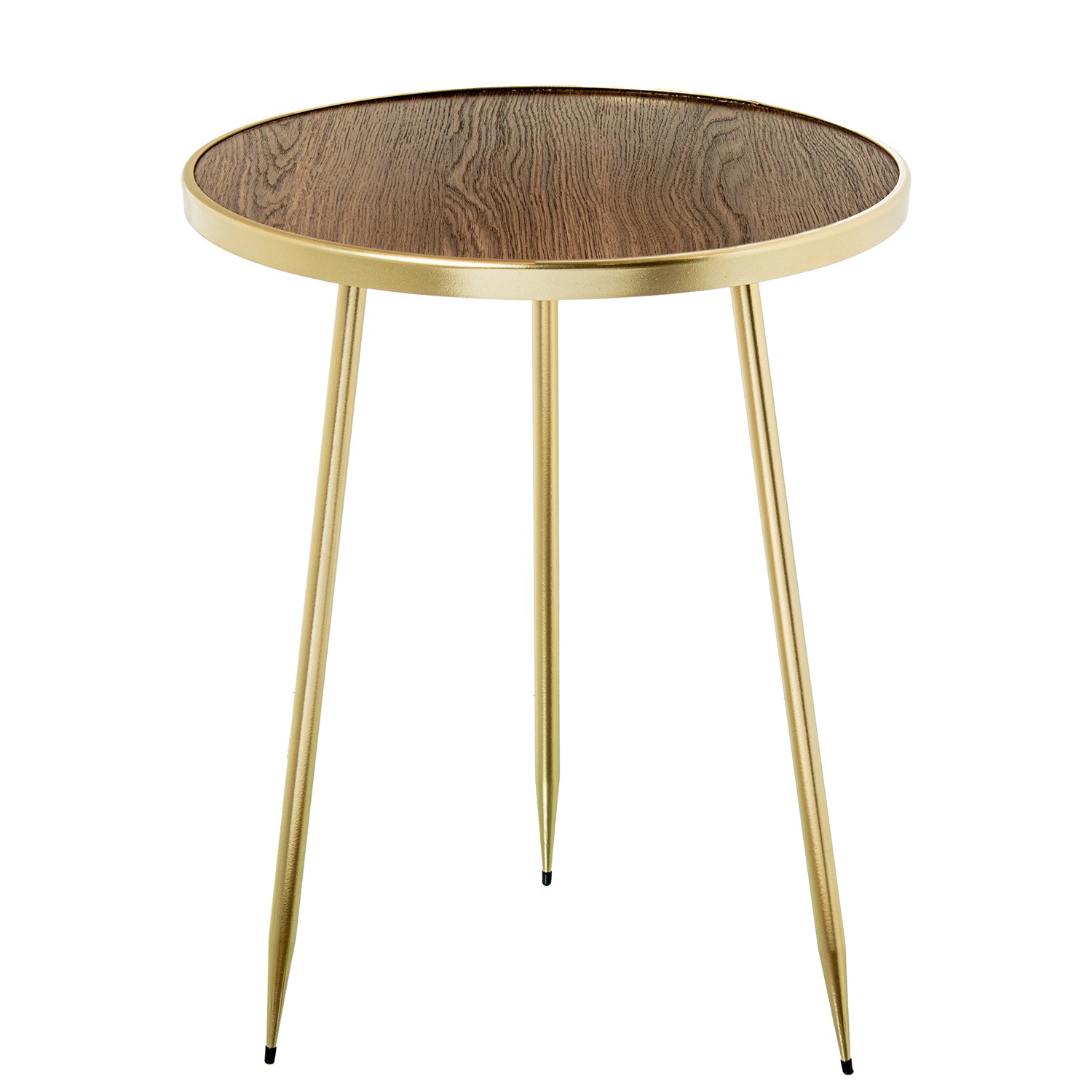 MESA AUXILIAR MADERA NOGAL BORDE DORADO C/PATAS METAL NEGRO