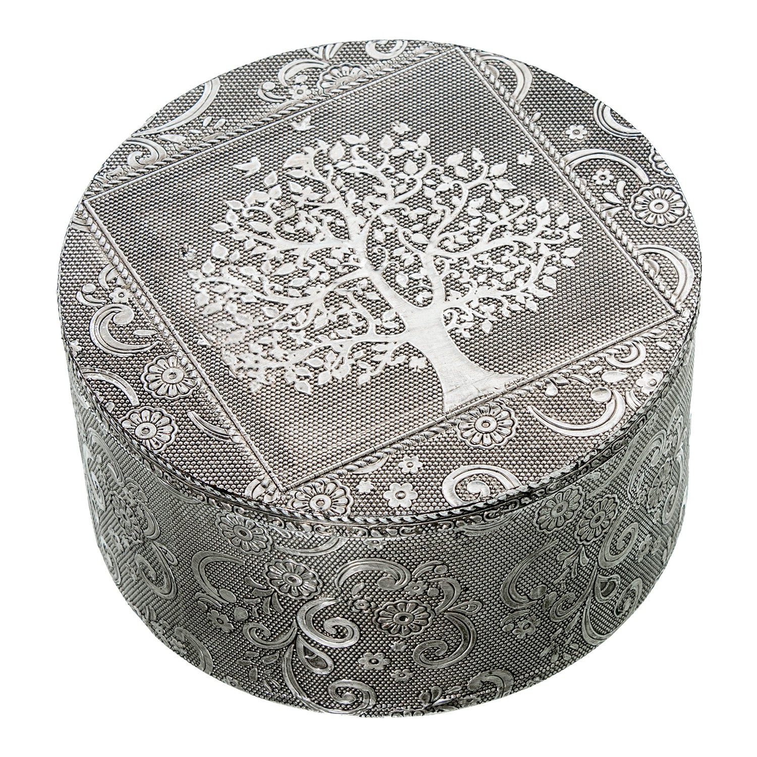 JOYERO METAL PLATEADO REDONDO DECO. ARABESCOS