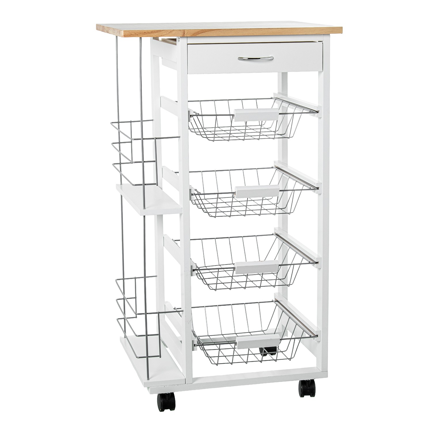 CARRO COCINA MADERA BLANCA/NATURAL C/3 CESTOS METAL+ CAJÓN