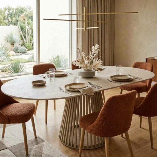 MESA PORCELÁNICO OVALADA CON PATA BEIGE