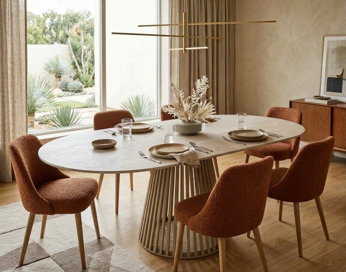 MESA PORCELÁNICO OVALADA CON PATA BEIGE