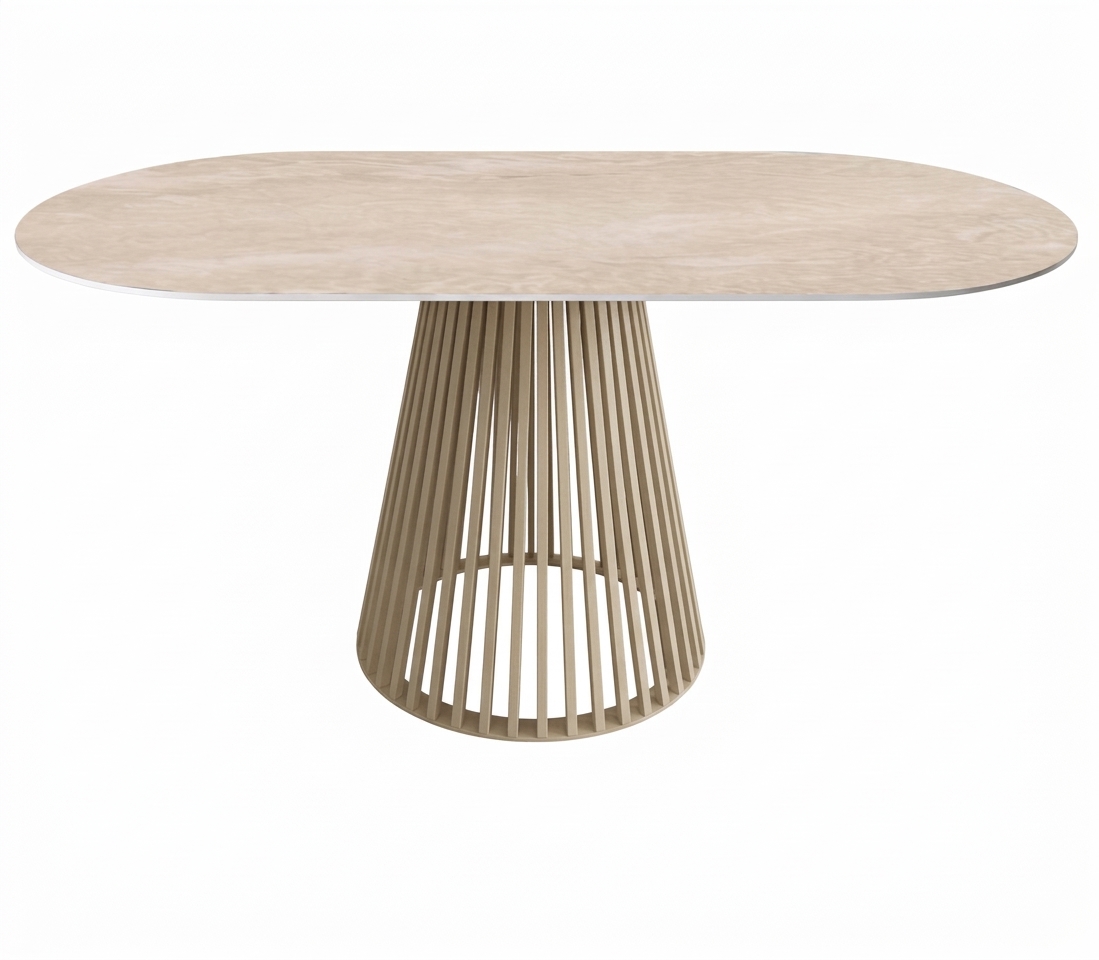 MESA PORCELÁNICO OVALADA CON PATA BEIGE